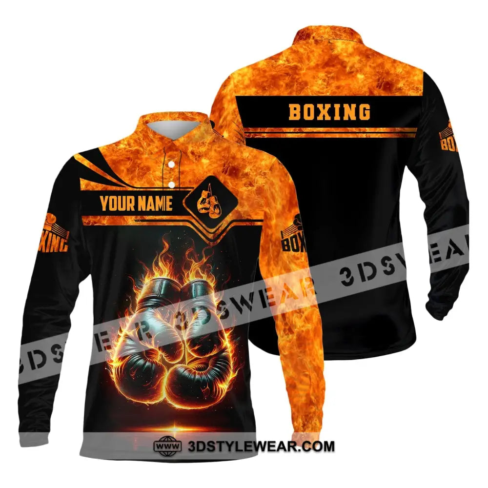 Man Shirt Custom Name Boxing Fire Polo Long Sleeve Gift For Lover / S T-Shirt