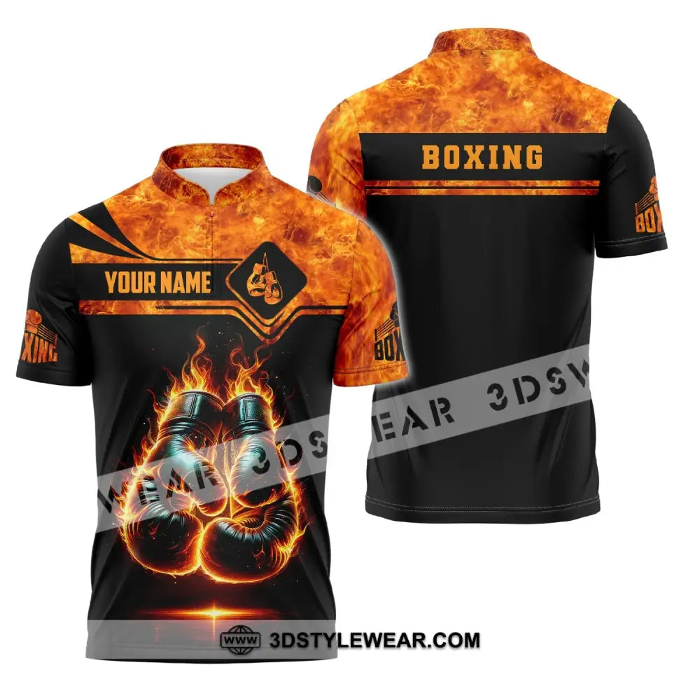 Man Shirt Custom Name Boxing Fire Polo Long Sleeve Gift For Lover Zipper / S T-Shirt