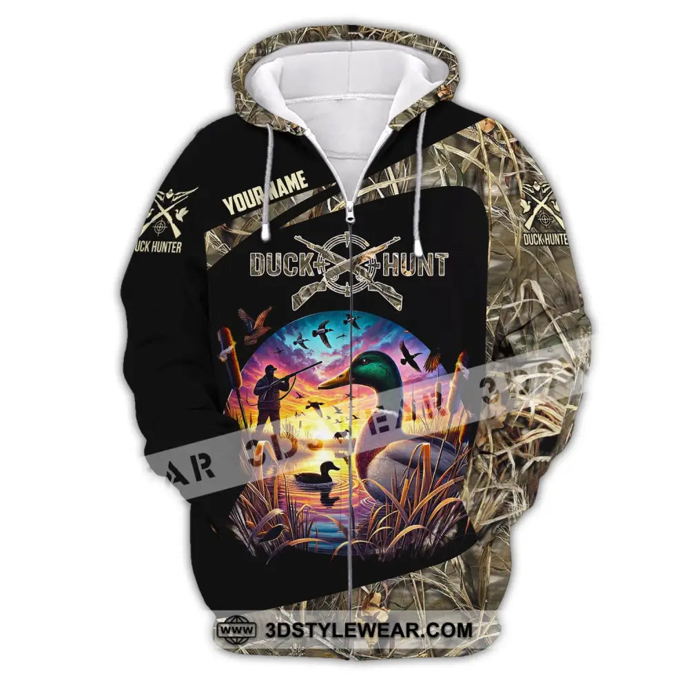 Man Shirt Custom Name Duck Hunter Hunting T-Shirt Hoodie Long Sleeve Zipper / S T-Shirt