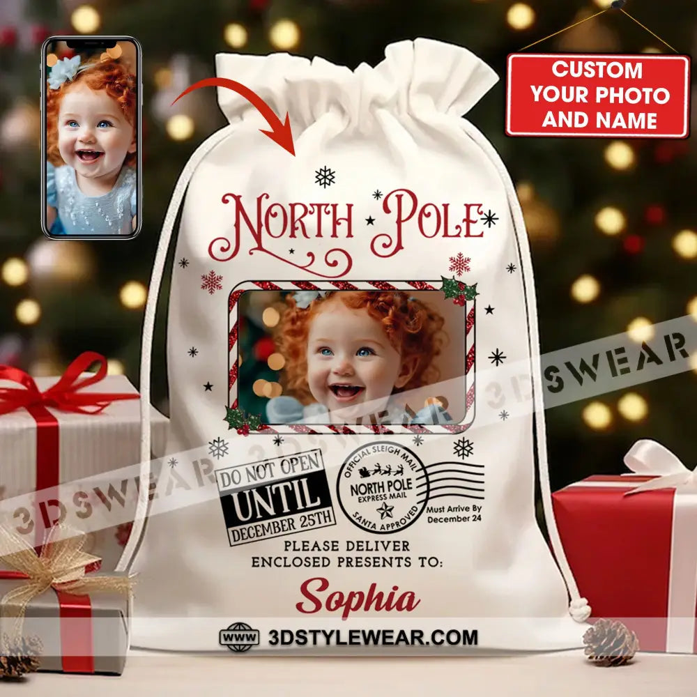 North Pole Delivery For Custom Photo And Name, Personalized String Bag