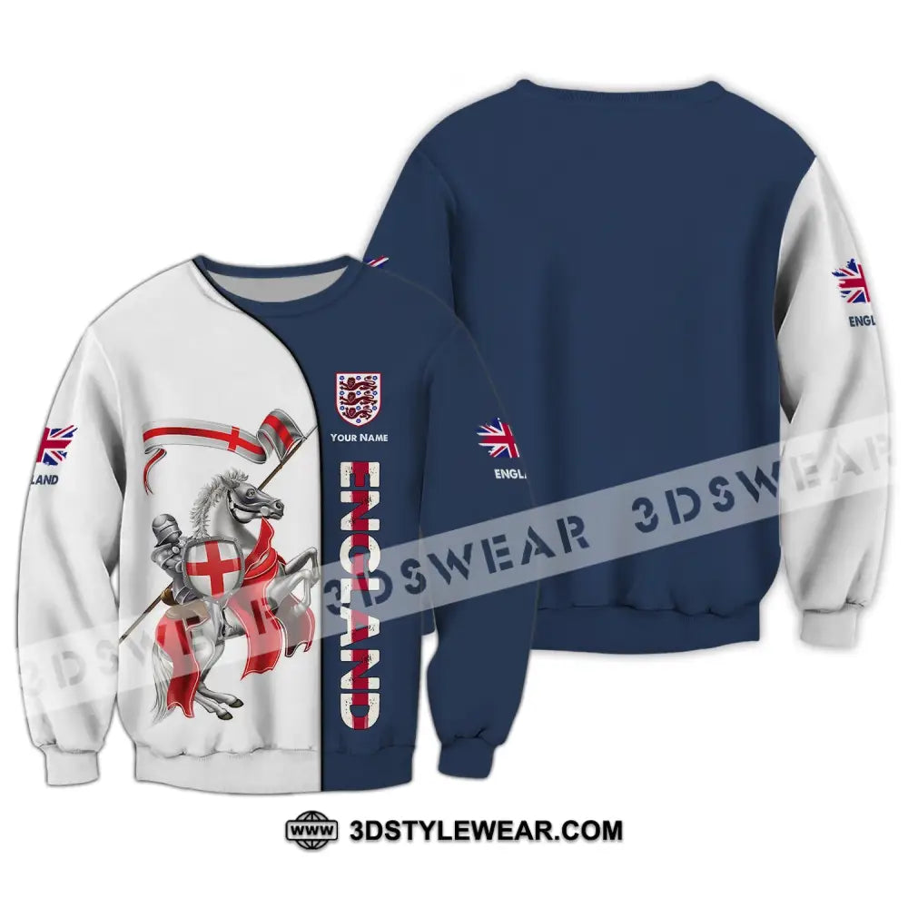 Unisex Shirt - Custom Name 3D England Hero Horse Map And Logo Long Sleeve / S T-Shirt