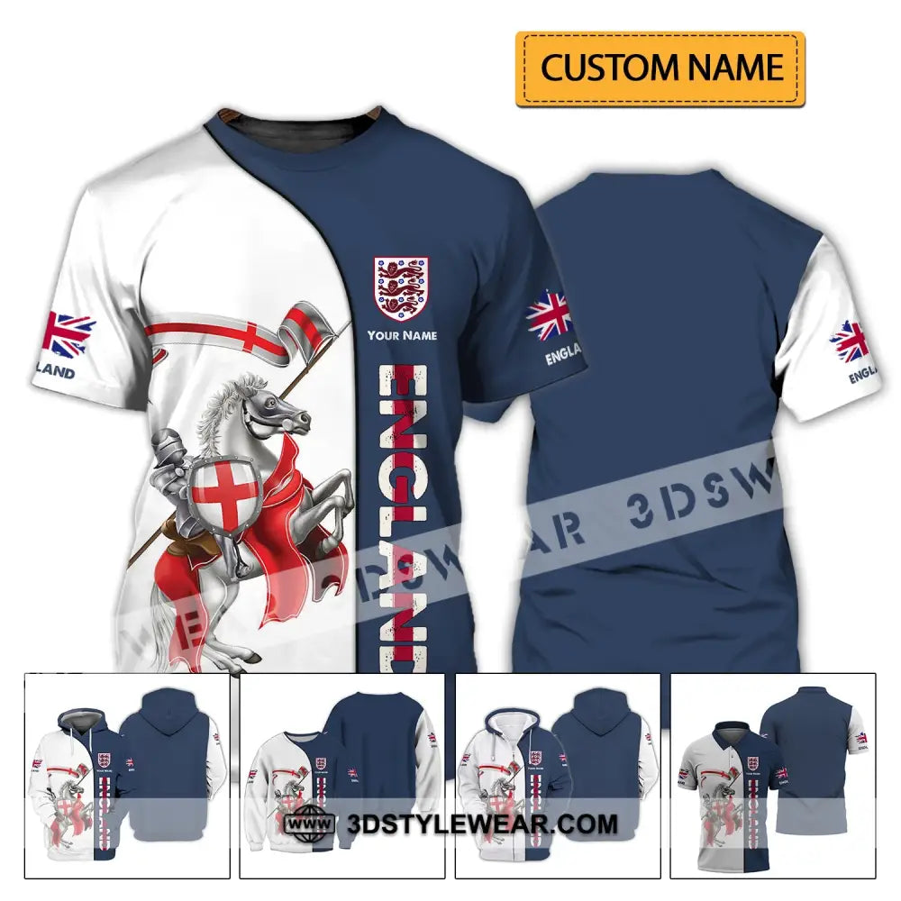 Unisex Shirt - Custom Name 3D England Hero Horse Map And Logo T-Shirt