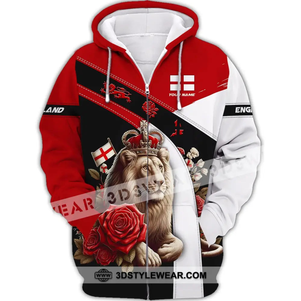 Unisex Shirt - Custom Name 3D England Red Rose Lion Zipper Hoodie / S T-Shirt