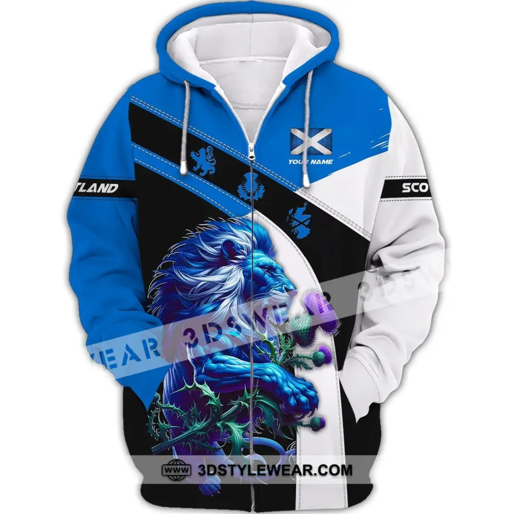 Unisex Shirt - Custom Name 3D Scotland Blue And White Lion Zipper Hoodie / S T-Shirt