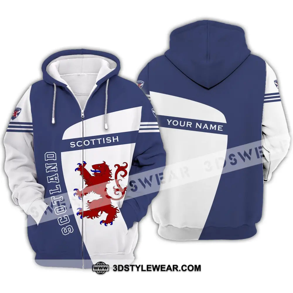 Unisex Shirt - Custom Name 3D Scotland Scottish Lover Blue And White Design Zipper Hoodie / S