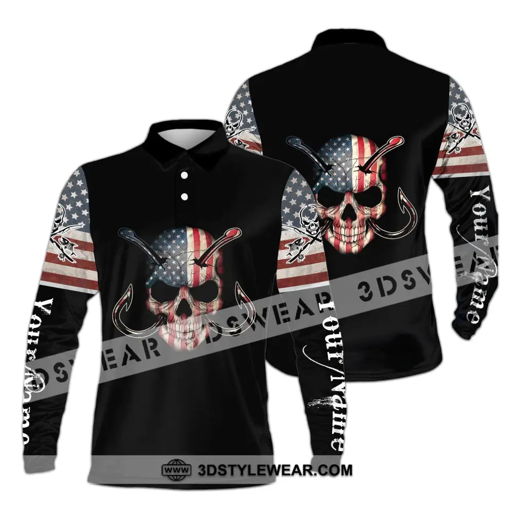 Unisex Shirt - Custom Name America Skull Fishing Long Sleeve Polo / S T-Shirt