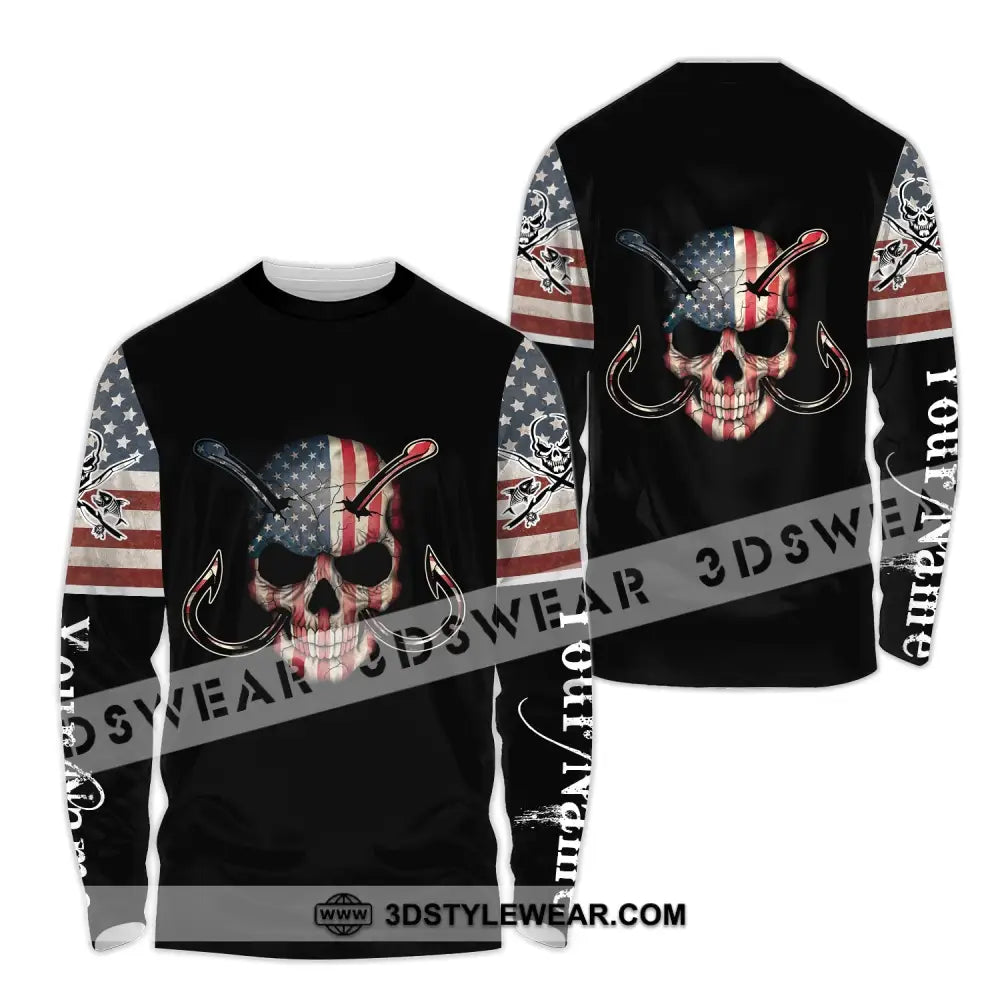 Unisex Shirt - Custom Name America Skull Fishing Long Sleeve / S T-Shirt