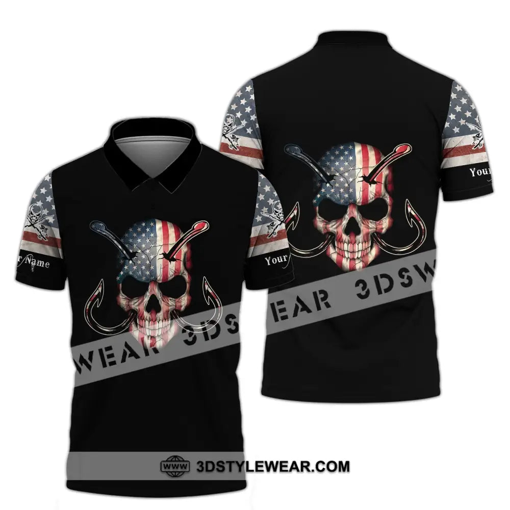 Unisex Shirt - Custom Name America Skull Fishing Polo / S T-Shirt