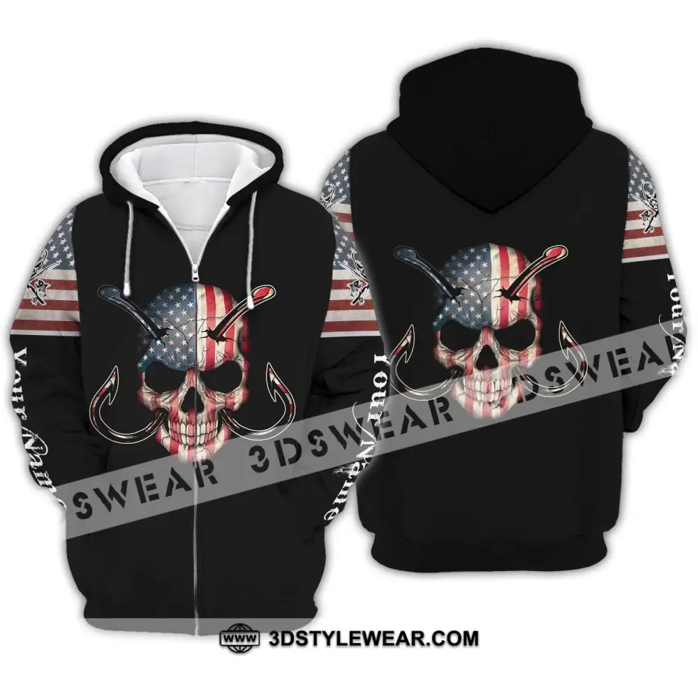 Unisex Shirt - Custom Name America Skull Fishing Zipper Hoodie / S T-Shirt