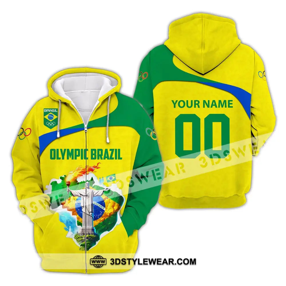 Unisex Shirt Custom Name And Number Brazil Olympic 2024 Long Sleeve Polo Zipper Hoodie / S T-Shirt