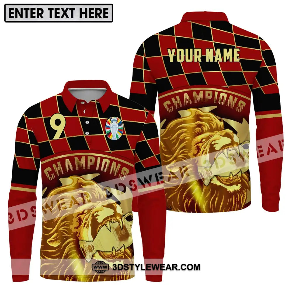 Unisex Shirt - Custom Name And Number Champions Gold Lion Long Sleeve Polo / S T-Shirt