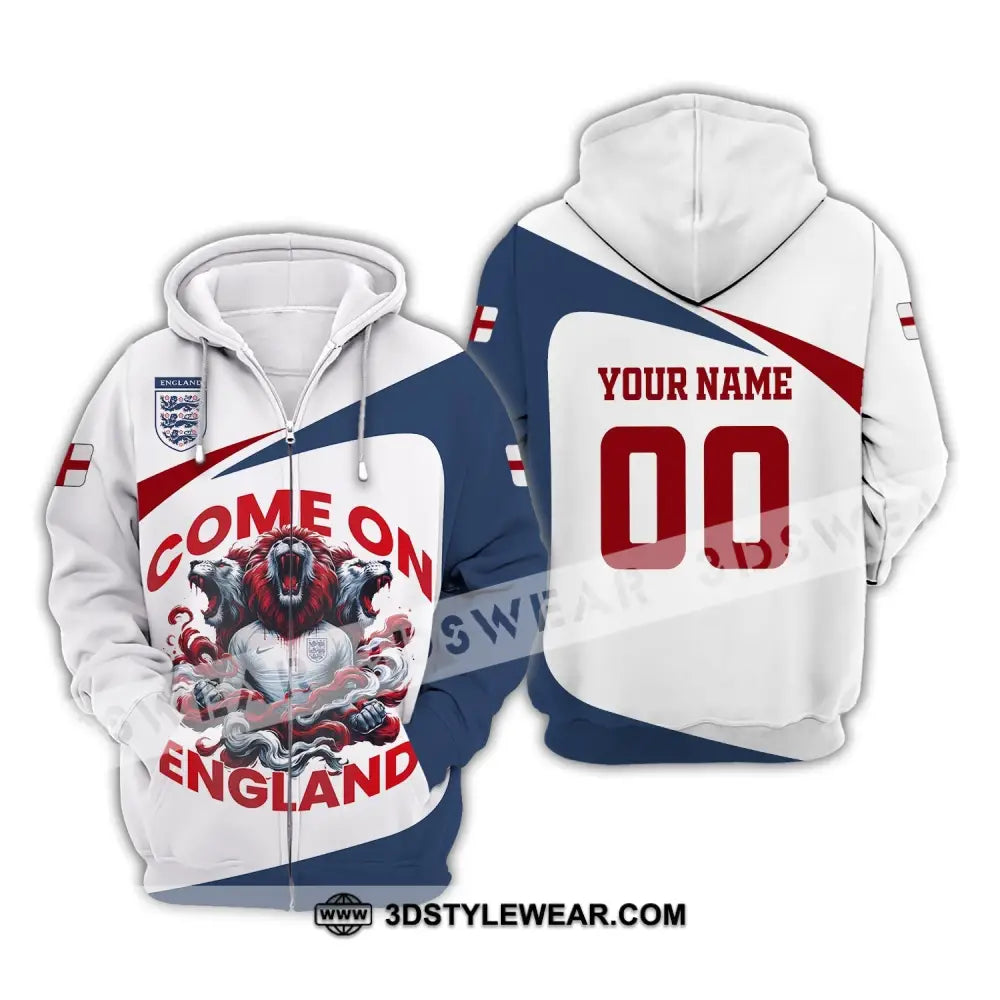 Unisex Shirt Custom Name And Number England Football Come On Polo Long Sleeve Zipper Hoodie / S