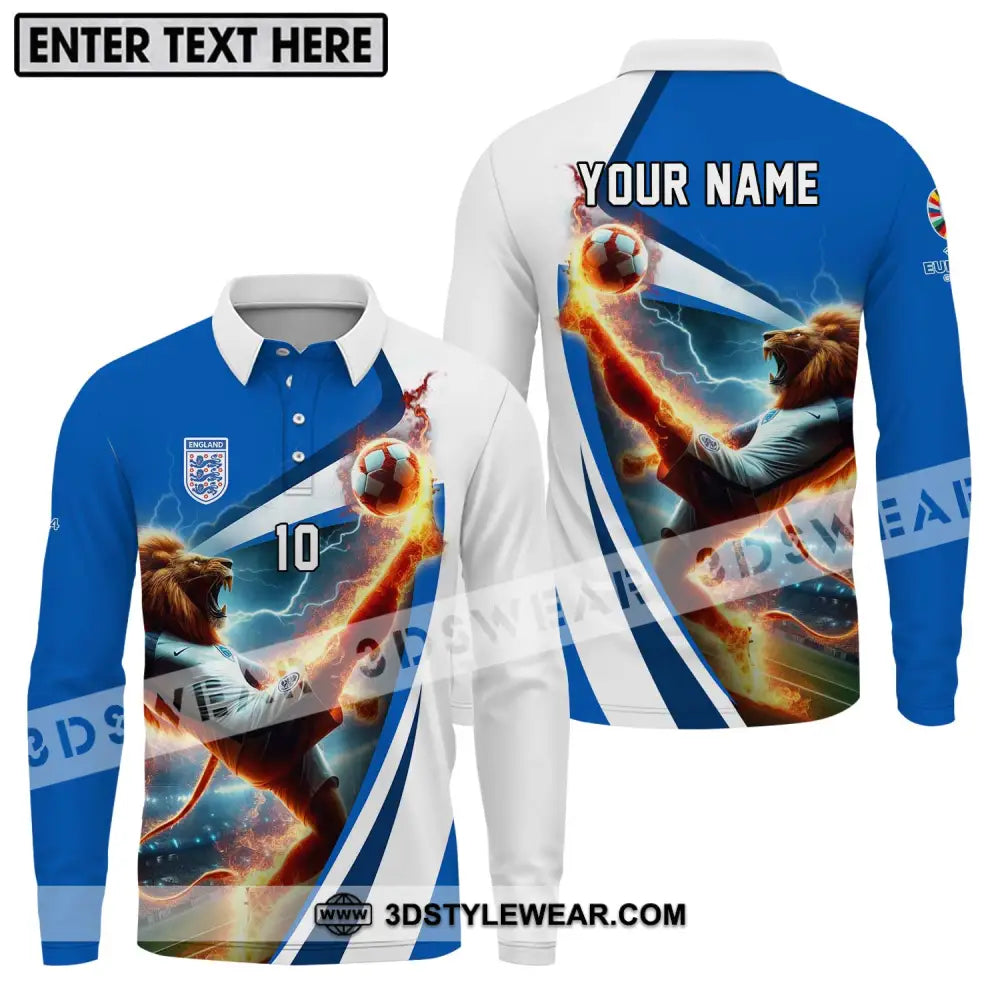 Unisex Shirt - Custom Name And Number England Lion Playing Fire Ball Long Sleeve Polo / S T-Shirt