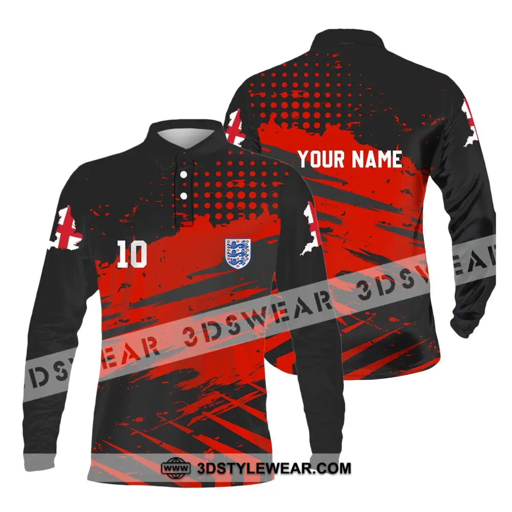 Unisex Shirt - Custom Name And Number England Team Lover Black Red Euro 2024 Long Sleeve Polo / S