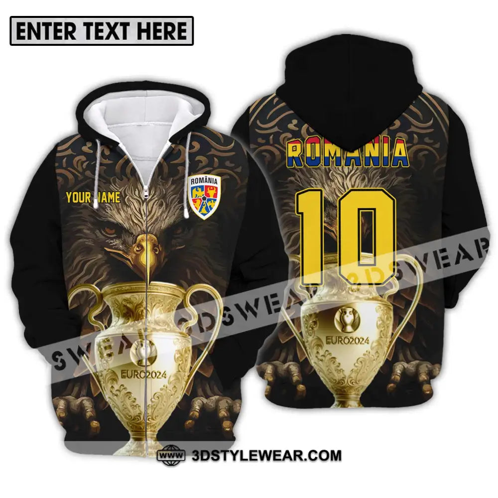 Unisex Shirt - Custom Name And Number Euro 2024 Cup Romania Team Zipper Hoodie / S T-Shirt