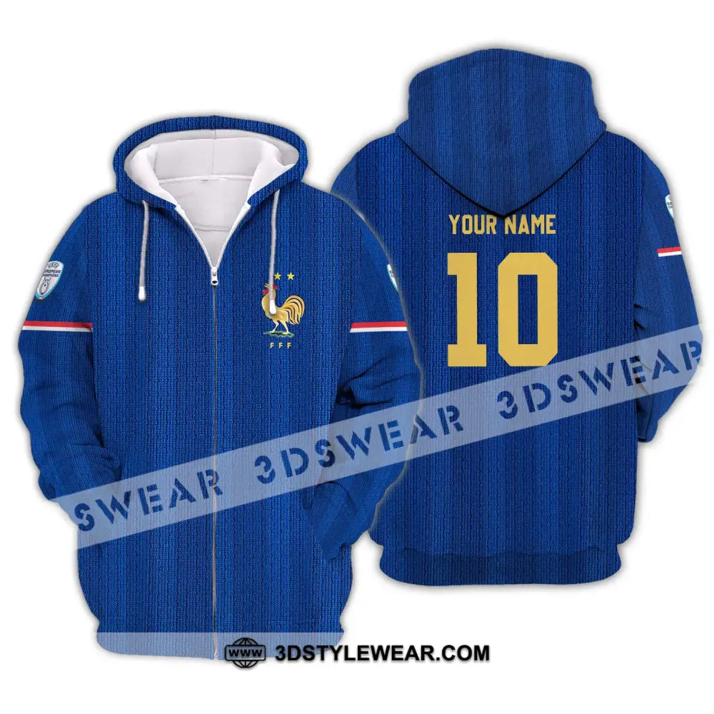 Unisex Shirt - Custom Name And Number Euro 2024 France National Team Blue Zipper Hoodie / S T-Shirt