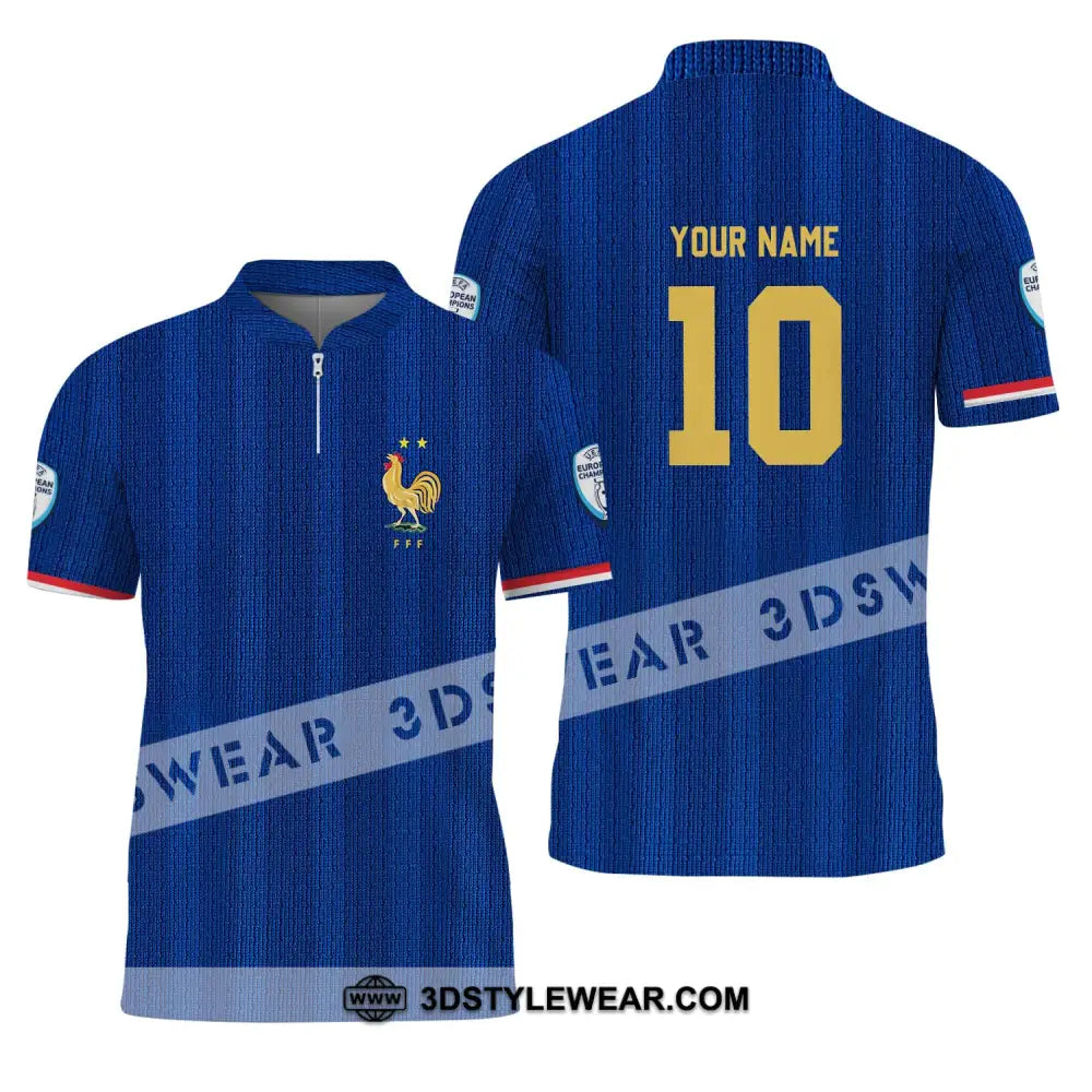 Unisex Shirt - Custom Name And Number Euro 2024 France National Team Blue Zipper Polo / S T-Shirt