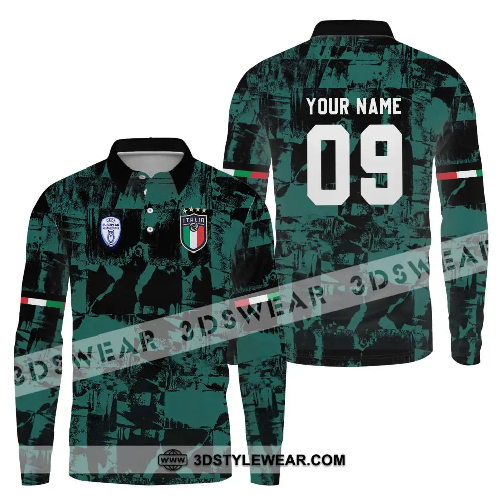 Unisex Shirt - Custom Name And Number Euro 2024 Italy National Team Black Green Long Sleeve Polo /