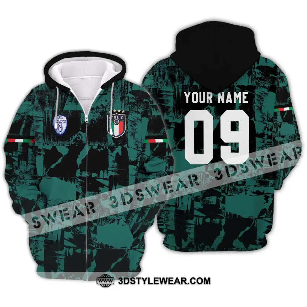 Unisex Shirt - Custom Name And Number Euro 2024 Italy National Team Black Green Zipper Hoodie / S