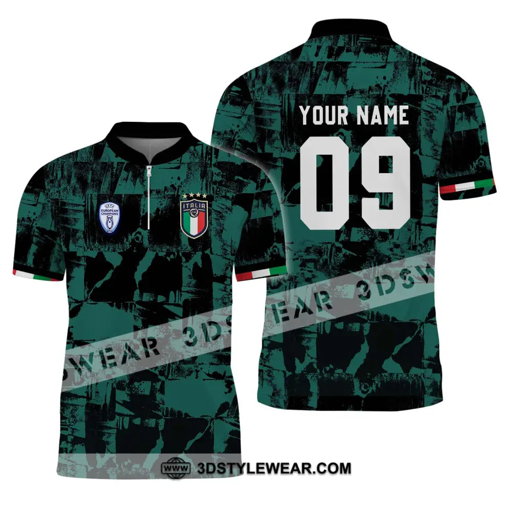 Unisex Shirt - Custom Name And Number Euro 2024 Italy National Team Black Green Zipper Polo / S