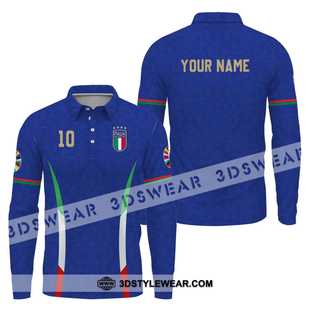 Unisex Shirt - Custom Name And Number Euro 2024 Italy National Team Blue Long Sleeve Polo / S