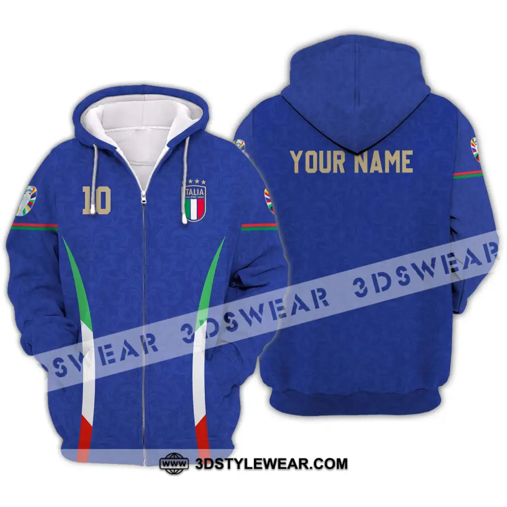 Unisex Shirt - Custom Name And Number Euro 2024 Italy National Team Blue Zipper Hoodie / S T-Shirt