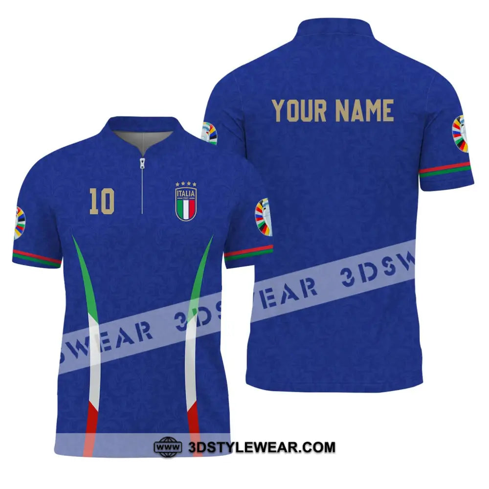 Unisex Shirt - Custom Name And Number Euro 2024 Italy National Team Blue Zipper Polo / S T-Shirt