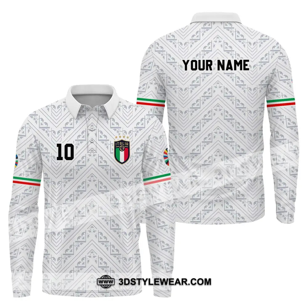 Unisex Shirt - Custom Name And Number Euro 2024 Italy White Line Long Sleeve Polo / S T-Shirt