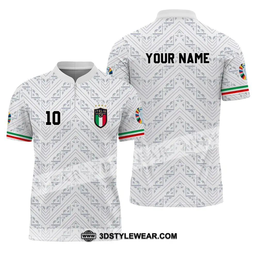 Unisex Shirt - Custom Name And Number Euro 2024 Italy White Line Zipper Polo / S T-Shirt