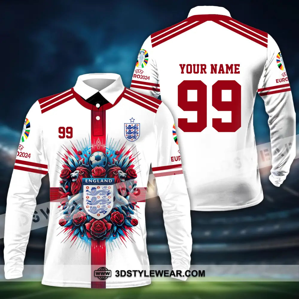 Unisex Shirt - Custom Name And Number Euro 2024 National Team England White Red Long Sleeve Polo /