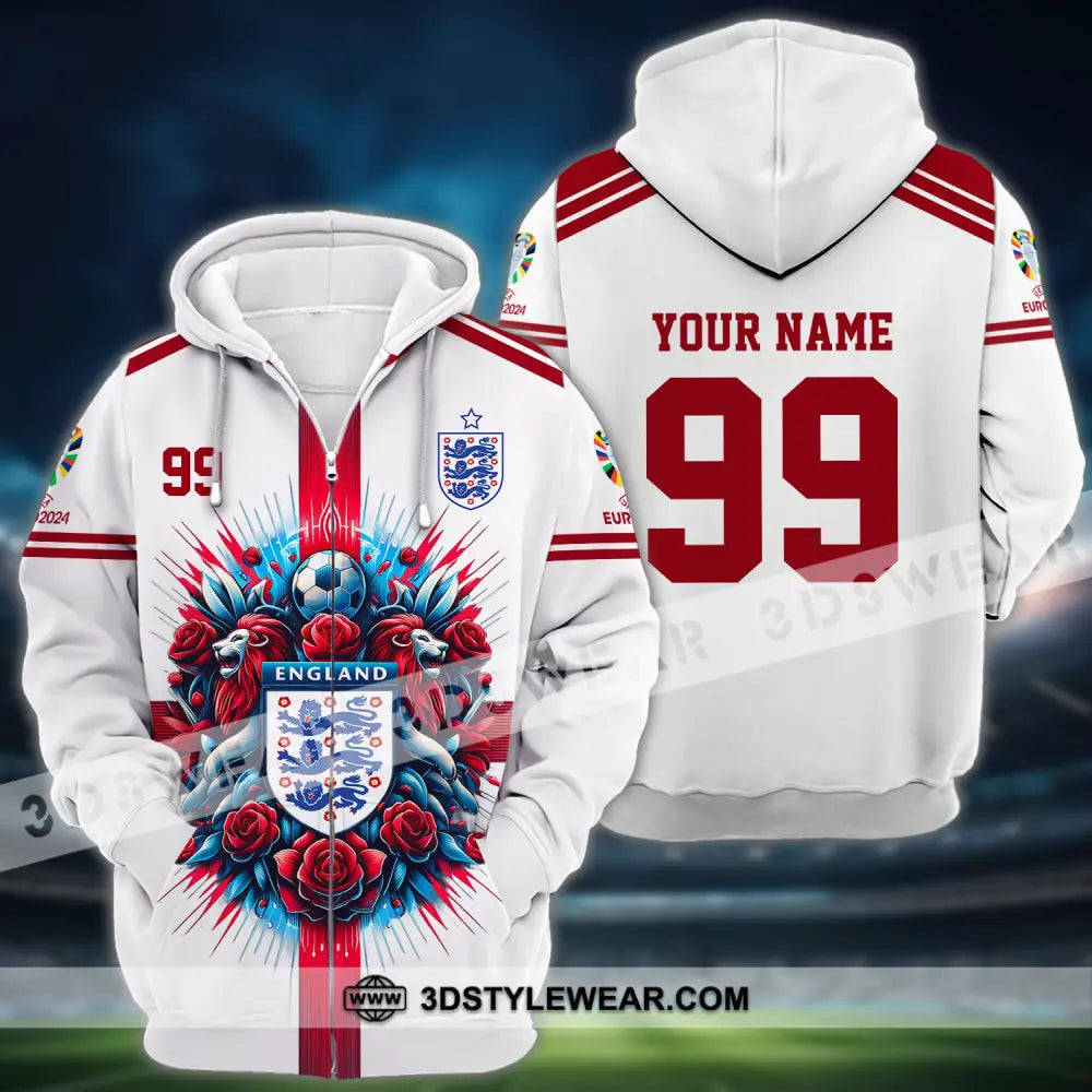 Unisex Shirt - Custom Name And Number Euro 2024 National Team England White Red Zipper Hoodie / S