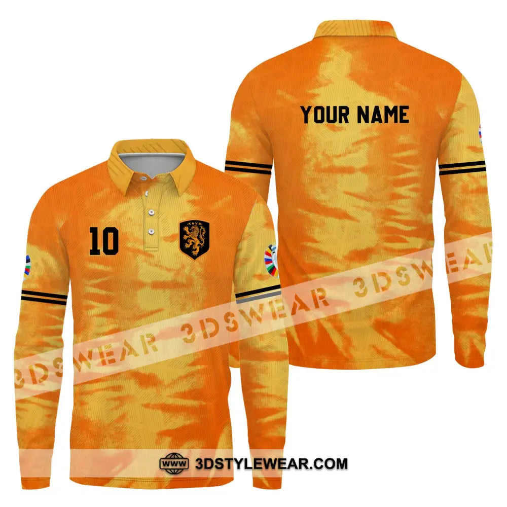 Unisex Shirt - Custom Name And Number Euro 2024 Orange Netherlands Long Sleeve Polo / S T-Shirt