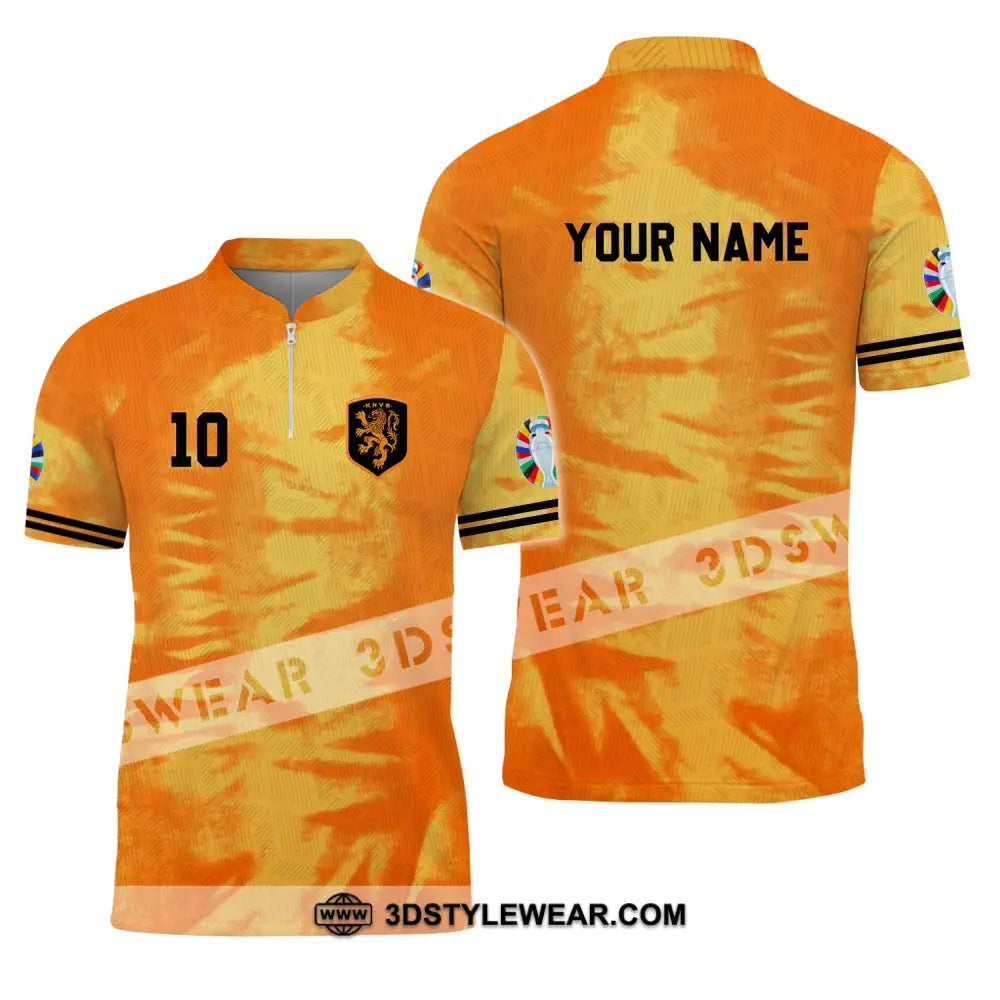 Unisex Shirt - Custom Name And Number Euro 2024 Orange Netherlands Zipper Polo / S T-Shirt