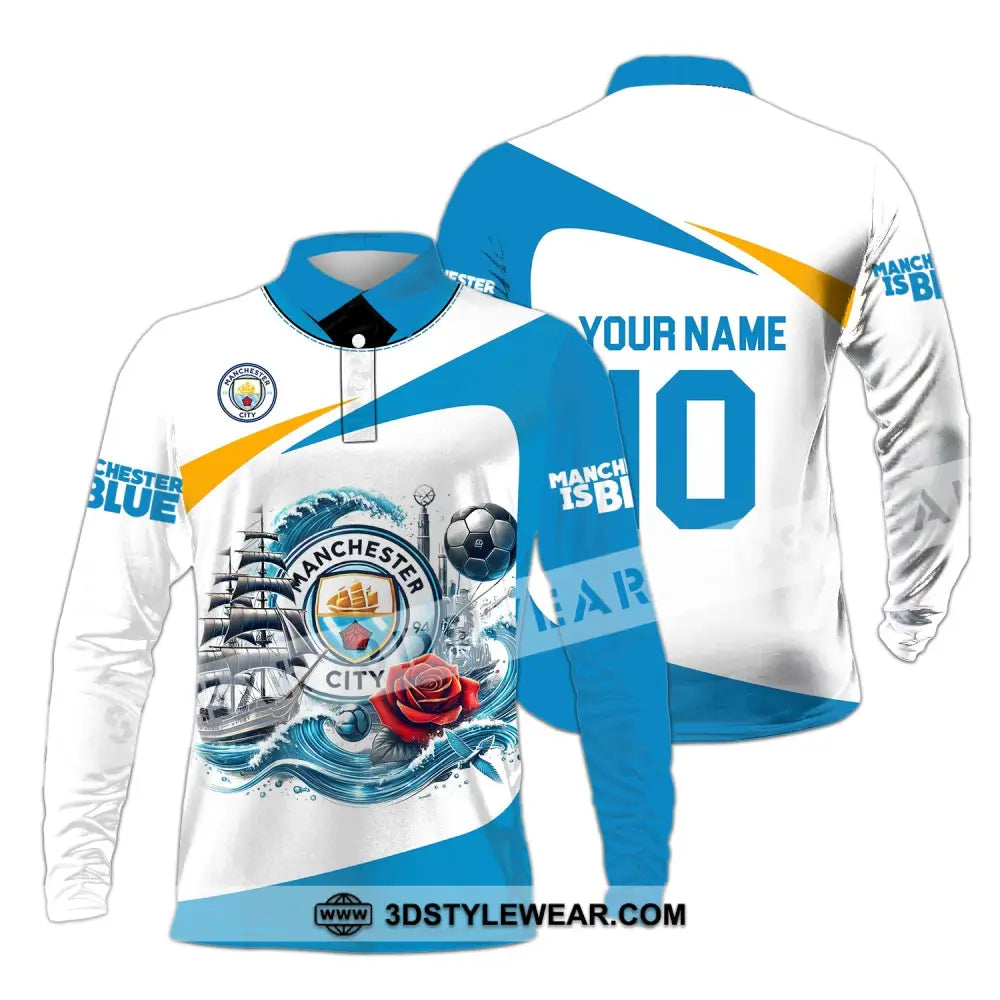 Unisex Shirt - Custom Name And Number Fc The Sky Blues Lover Long Sleeve Polo / S T-Shirt