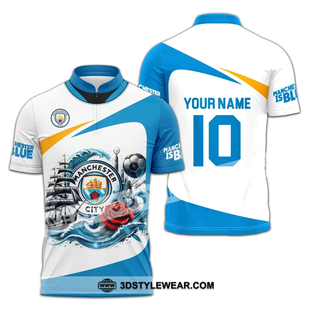 Unisex Shirt - Custom Name And Number Fc The Sky Blues Lover Zipper Polo / S T-Shirt