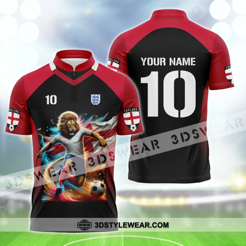 Unisex Shirt - Custom Name And Number Lion Playing Ball England Euro 2024 Zipper Polo / S T-Shirt