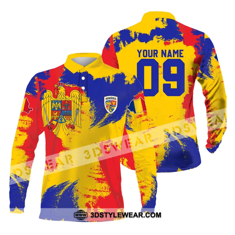 Unisex Shirt - Custom Name And Number National Team Flag Color Romania Long Sleeve Polo / S T-Shirt