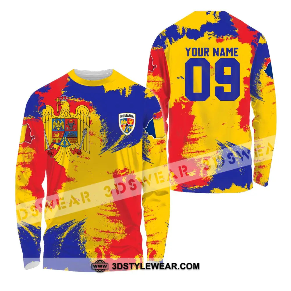 Unisex Shirt - Custom Name And Number National Team Flag Color Romania Long Sleeve / S T-Shirt