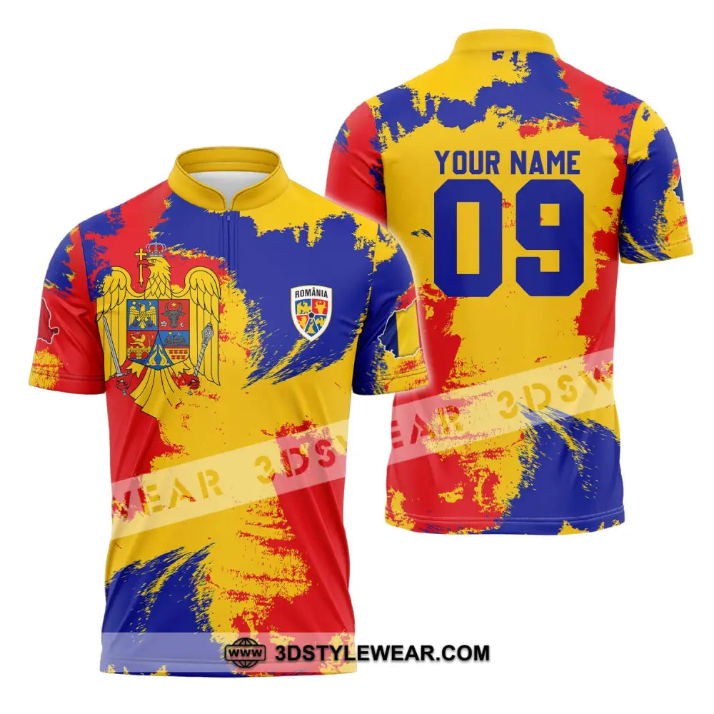 Unisex Shirt - Custom Name And Number National Team Flag Color Romania Zipper Polo / S T-Shirt