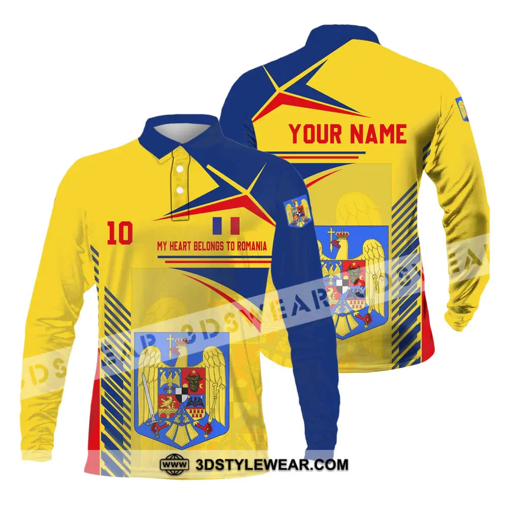 Unisex Shirt - Custom Name And Number National Team My Heart Belongs To Romania Long Sleeve Polo /