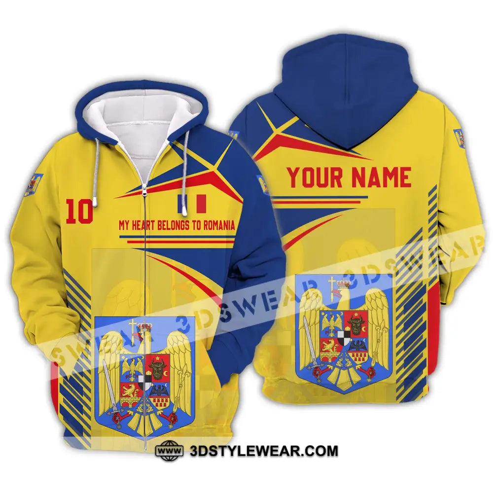 Unisex Shirt - Custom Name And Number National Team My Heart Belongs To Romania Zipper Hoodie / S