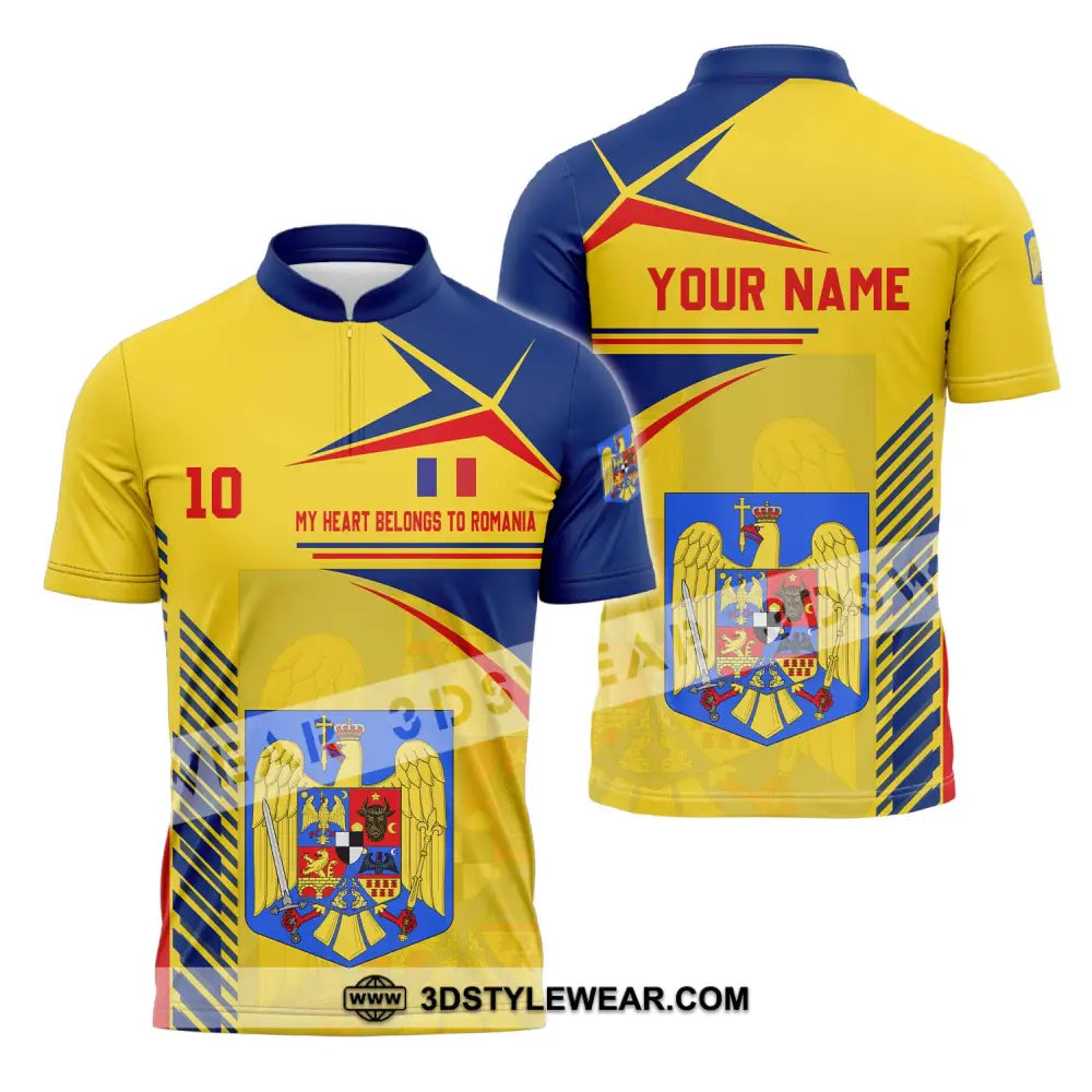 Unisex Shirt - Custom Name And Number National Team My Heart Belongs To Romania Zipper Polo / S