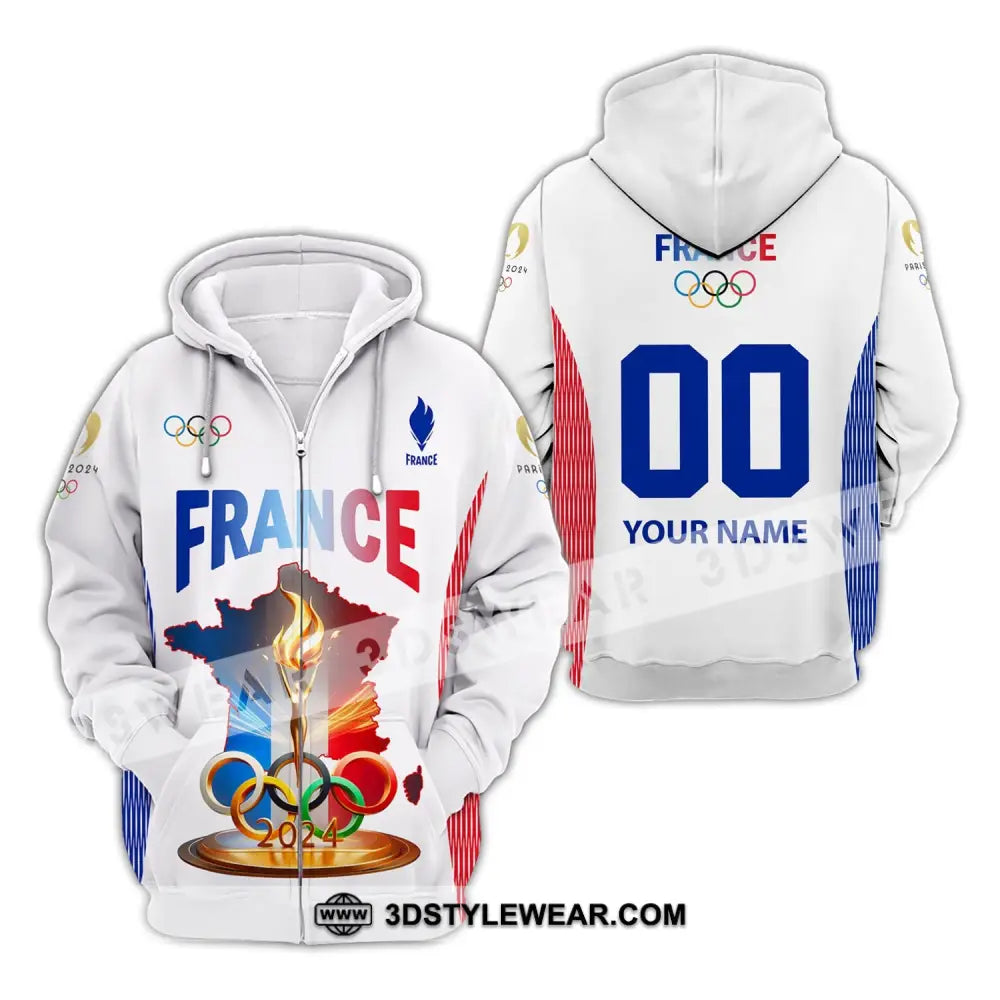 Unisex Shirt Custom Name And Number Olympic 2024 France Long Sleeve Polo Zipper Hoodie / S T-Shirt