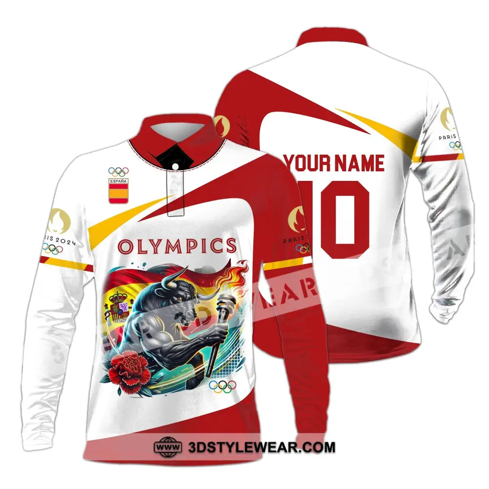 Unisex Shirt - Custom Name And Number Olympics Paris 2024 Sport Spain Long Sleeve Polo / S T-Shirt