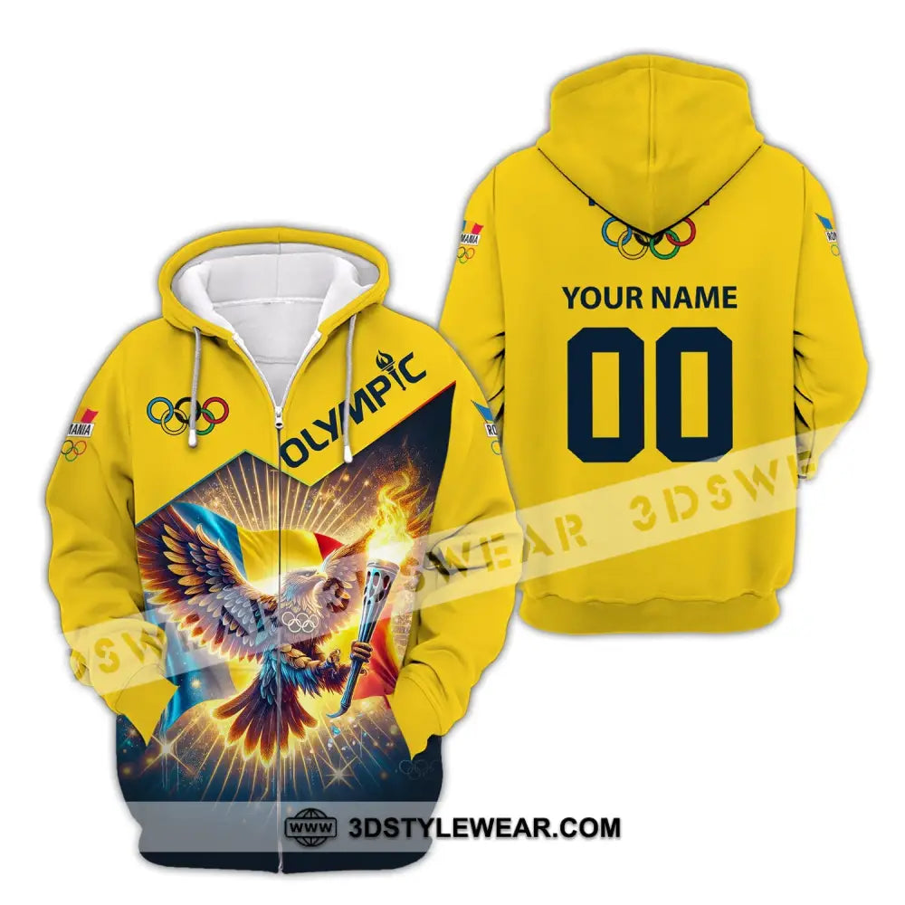 Unisex Shirt Custom Name And Number Romania Olympic 2024 Long Sleeve Polo Zipper Hoodie / S T-Shirt