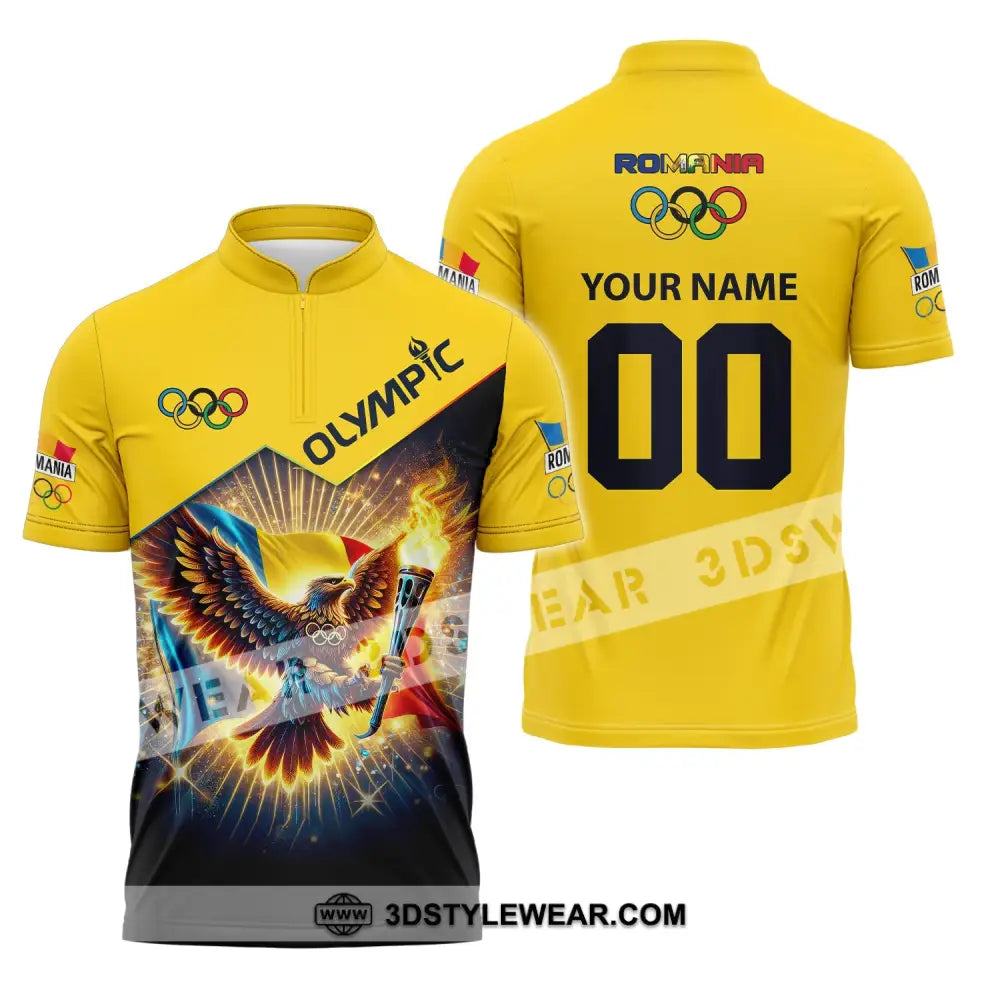 Unisex Shirt Custom Name And Number Romania Olympic 2024 Long Sleeve Polo Zipper / S T-Shirt