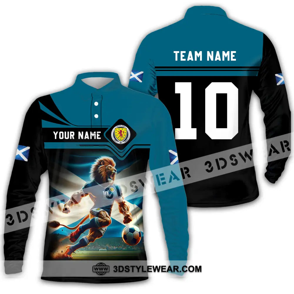 Unisex Shirt - Custom Name And Number Scotland Lion Playing Ball Long Sleeve Polo / S T-Shirt