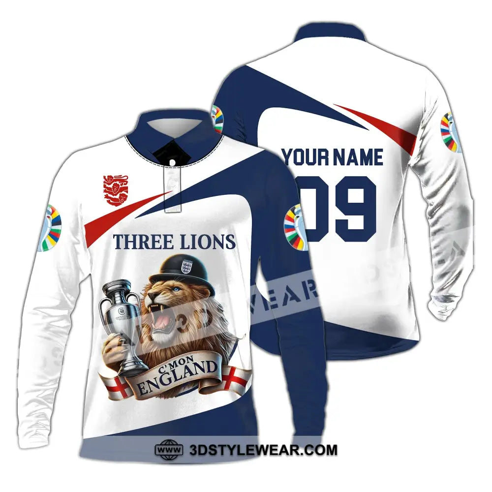 Unisex Shirt - Custom Name And Number Sport C’mon England Three Lions Long Sleeve Polo / S T-Shirt