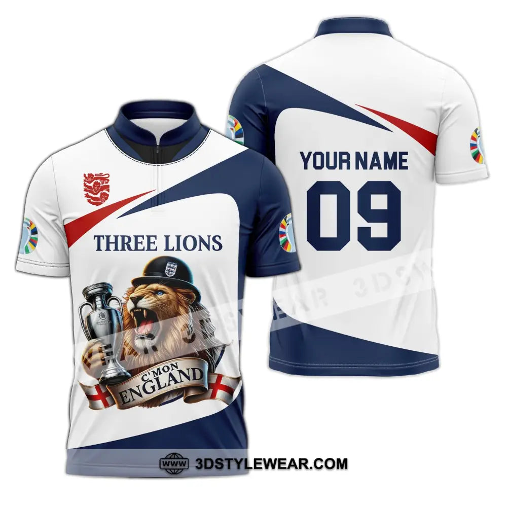 Unisex Shirt - Custom Name And Number Sport C’mon England Three Lions Zipper Polo / S T-Shirt