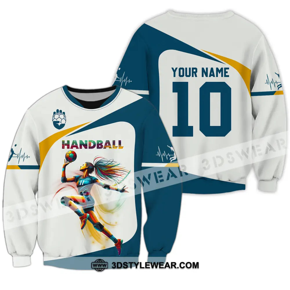 Unisex Shirt - Custom Name And Number Sport Handball White Blue Classic Long Sleeve / S T-Shirt